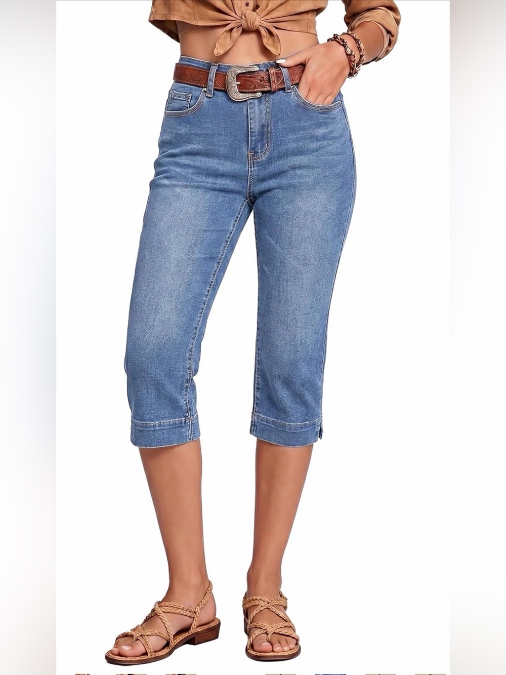 A383 luvamia High-Rise Crop Denim Capri Jeans in Light Blue Split Hem NWT 2XL